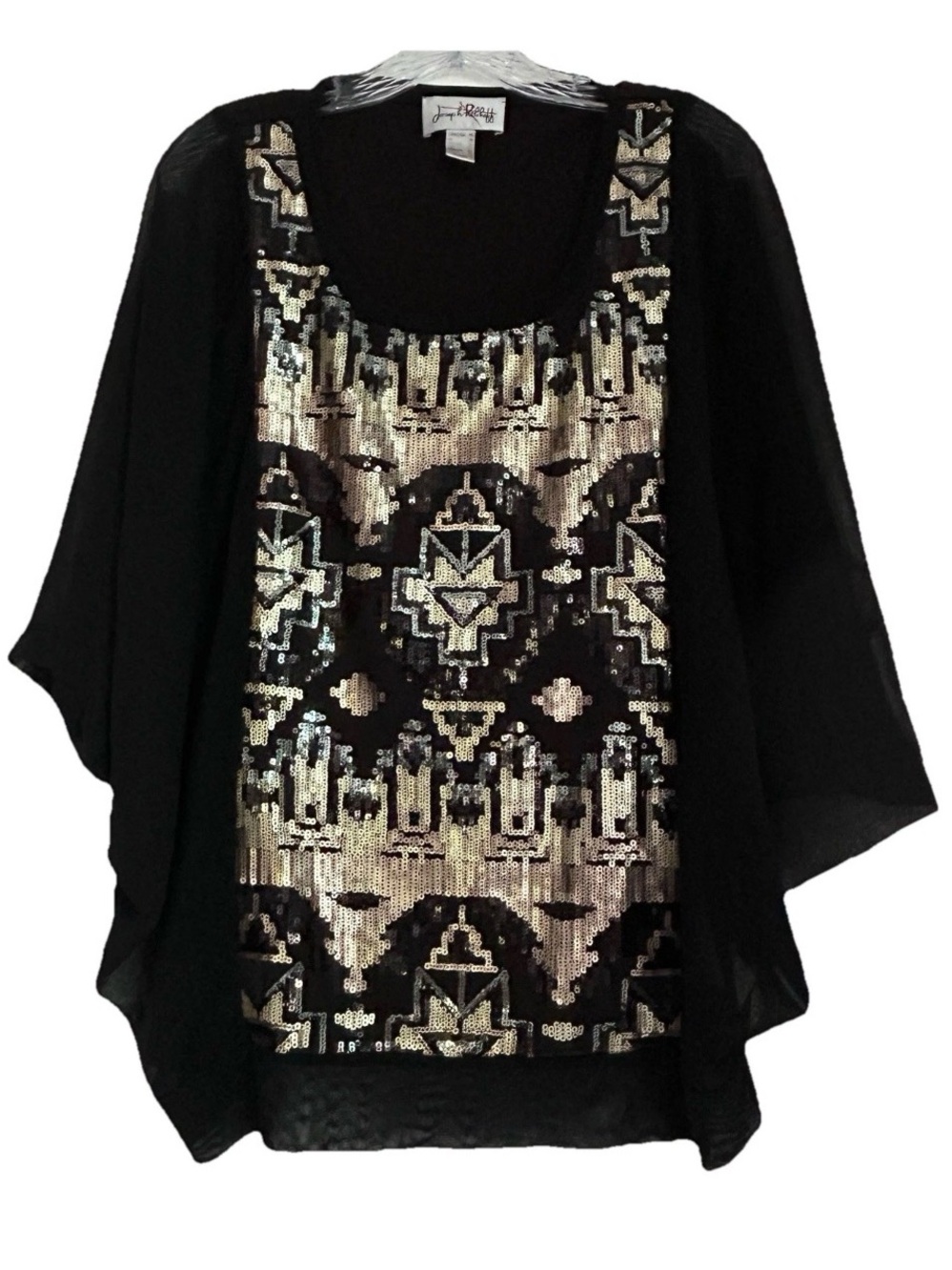Joseph Ribkoff women 14 top fit L Black sheer Dolman Aztec metallic Sequin Shirt